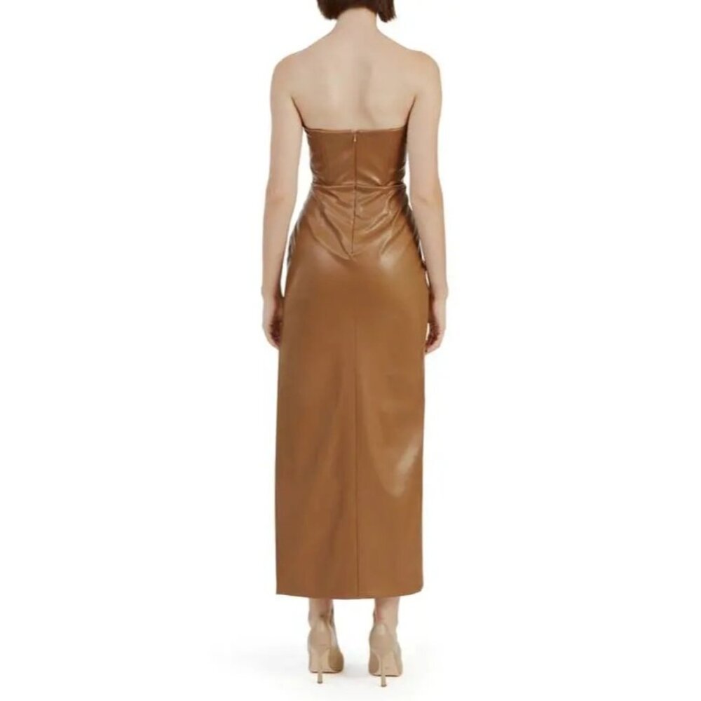 Bardot Everlasting Faux Leather Dress in Camel 2 New Womens Vegan Strapless Midi - Picture 15 of 16
